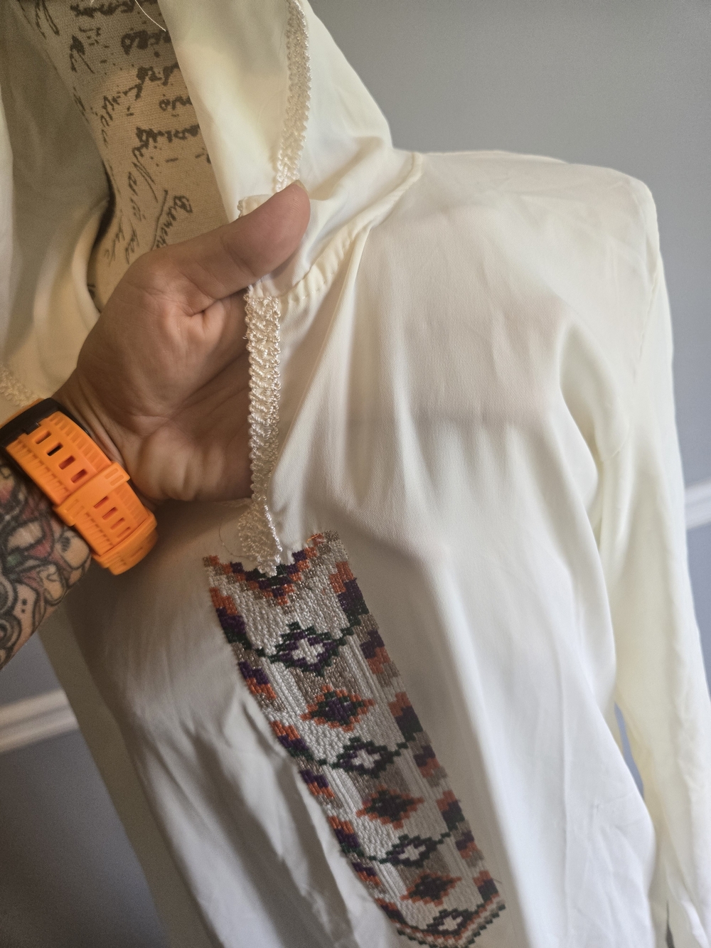 Hooded Embroidered Maxi Dress - Ivory with Multicolor Trim - Picture 4 of 7